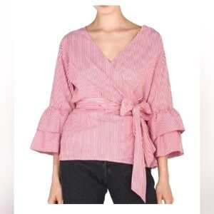 Beach Lounge Lunch Striped Wrap Blouse - Red and White